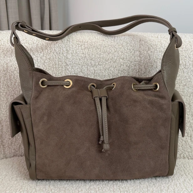 Shopper skórzana torebka zamsz taupe A4   - 014