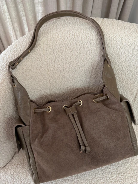 Shopper skórzana torebka zamsz taupe A4   - 014
