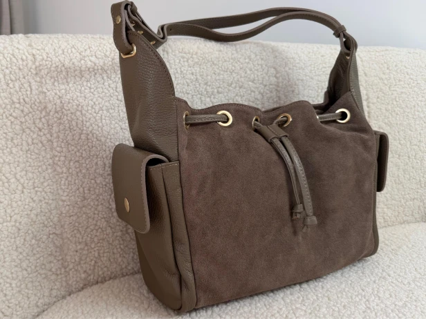Shopper skórzana torebka zamsz taupe A4   - 014